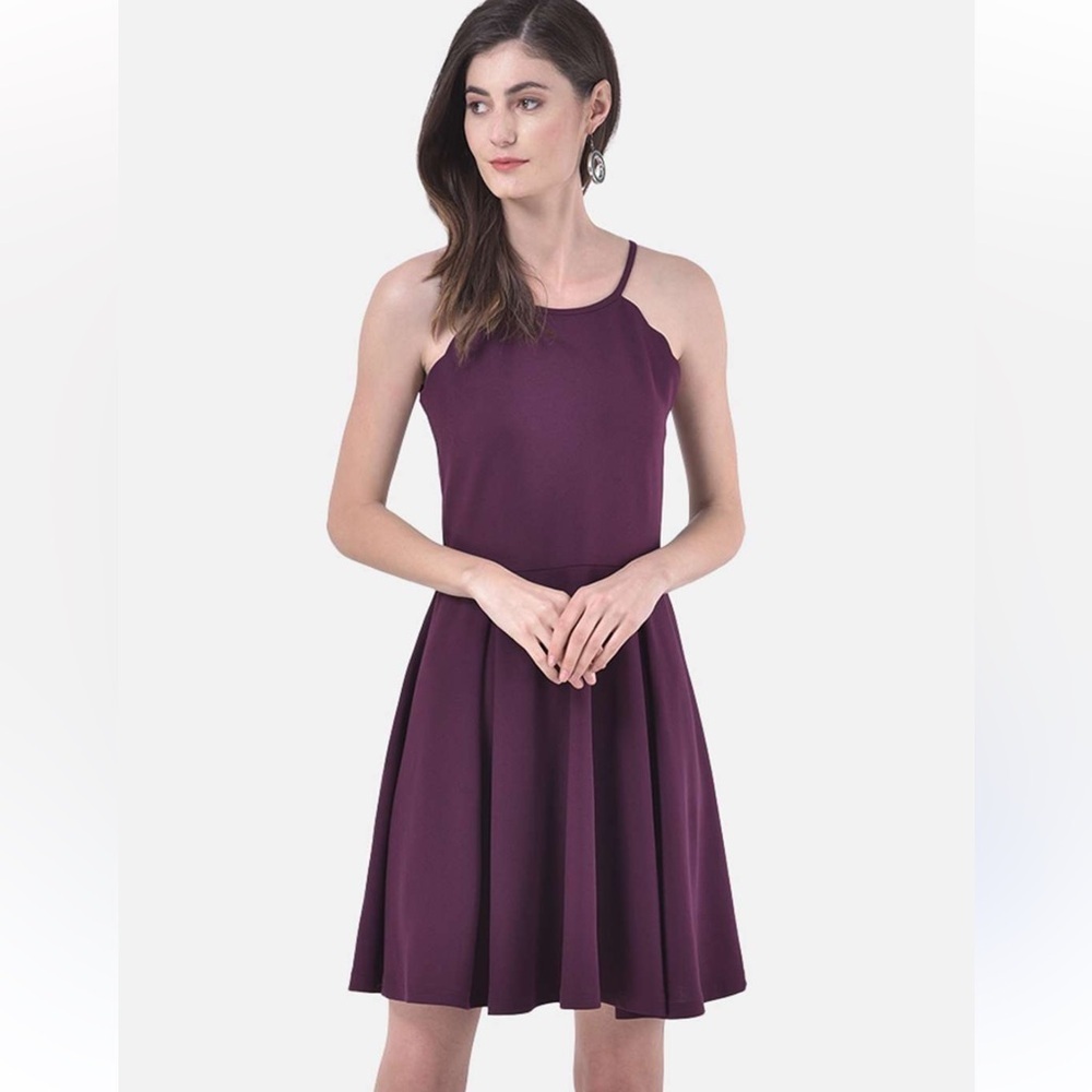 Socialite Purple Plum Small Scalloped Mini Skater Halter‎ A-Line Dress Keyhole